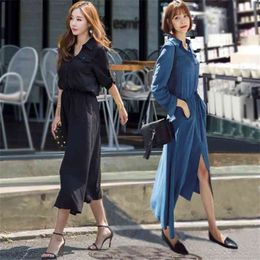 Autumn outfit han edition dress fashion female loose show thin long over-the-knee lace-up temperament split skirts 210602