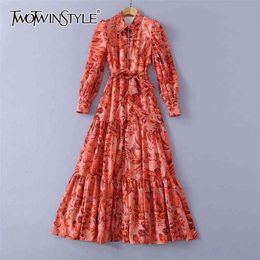 Vintage Print Dress For Women Lapel Long Sleeve High Waist Sashes Slim Maxi Dresses Females Spring Fashion 210520