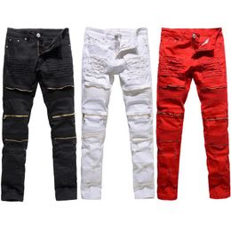 QNPQYX New Trendy Mens Destroyed Ripped Jeans Black White Red Fashion College Boys Skinny Runway Straight Zipper Denim Pants Jean