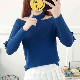 Striped Bow Knit Sweater Women Ruffle Stitching Casual Knitted Sweaters Autumn Winter Hedging Long Sleeves Pullover Female 210427