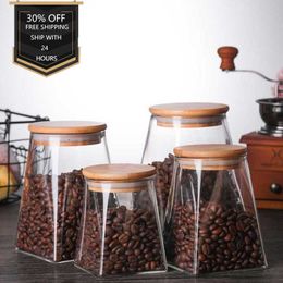 Food Storage Box Coffee Bean Bottle Kitchen Lead-Free Glass Square Sealed Tea Dried Fruit Moisture-Proof Multifunctional Jar