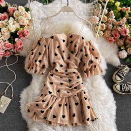 Summer Retro Chiffon Fishtail Bag Hip Dress Lantern Sleeves Waist Slimming Fashion Temperament Tube Top Strap UK683 210506