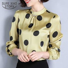 Spring Korean Elegant Slim Fit Lady Tops Long Sleeve Stand Collar Polka Dot Chiffon Blouse Women Blusas Mujer 9045 50 210527