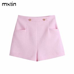 Women Vintage With Double Buttons Plaid Tweed Shorts Fashion Spring Pocket High Waist Side Zipper Female Skort Mujer 210719