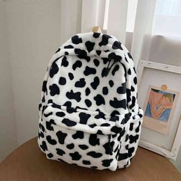 Casual Plush Backpack School Shoulder Bag Women Animal Cow Pattern Travel Rucksack Lady Teenager Student Capacity Backpack Y1105