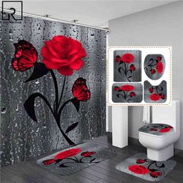 5 Colours Rose Print 3D Shower Curtain Waterproof Polyester Bathroom Curtain Anti-slip Bath Mat Set Toilet Rugs Carpet Home Decor 211115