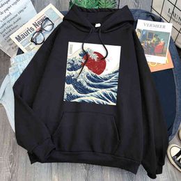 The Great Wave Off Kanagawa Print Man Sweatshirt Long Sleeve Loose Harajuku Hooded Clothes Man Cartoons Hoody Anime Punk Hoodies H1227