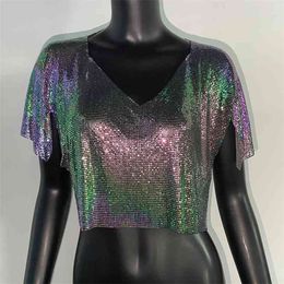 Metal Sequined Sexy V Neck T Shirt Women Ruffle Sleeve Shiny Colourful Tops Casual Loose Tees Female Fashion Streetwear 210722
