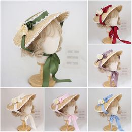 Lolita Lace Cute Bowknot Flower Straw Hat Headdress Girls Flat Top Sunshade Elegant Handwork Hair Ornaments Cosplay Wide Brim Hats