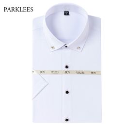 Casual Botton Down Men Shirts Summer Short Sleeve Business Work Mens Dress Shirt Slim Fit Non Iron Elastic Chemise Homme 45 210524