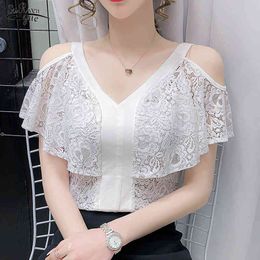 Summer Sexy Off-shoulder Ruffle Tops Simple V-neck Slim Lace Blouse Black White Shirts Plus Size 3XL Blusas Mujer 14055 210521