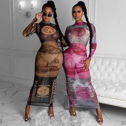 famous brandMoney Printed Stretch Mesh Dresses for Women Sexy Black/gold Party Club Sheer Long Sleeve Bodycon Maxi Dress