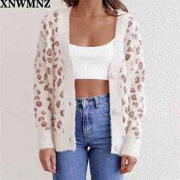 Vintage Leopard Print Women Knitted Cardigan Sweater V-Neck Buttons Short Jumper Casual Female Ladies Outwear 210520