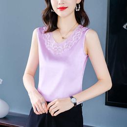 Summer Silk Tank Top Women Satin Office Lady Lace Korean Tops Mesh Sleeveless Black for Plus Size XXXL/4XL 210531