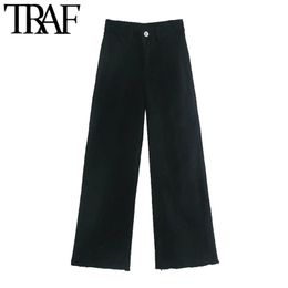 TRAF Women Fashion Pockets Frayed Tassel Straight Jeans Vintage High Waist Zipper Fly Denim Female Ankle Trousers Mujer 210809