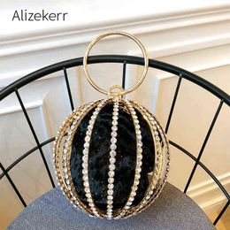 Evening Bags Rhinestone Spherical Cage Evening Clutch Bag Women Hollow Out Bling Alloy Dinner Purse and Handbag Ladies Round Metal Handle 220315
