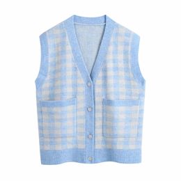 Fashion Women Patch Pocket Knitting Plaid Sweater Female V Neck Sleeveless Pullover Casual Lady Loose Tops SW1152 210430