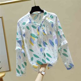 Autumn Fashion Women's Long Sleeves Bow Floral Print Chiffon Shirts Female Girls Ladies Shirt Blouse Tops A4043 210428