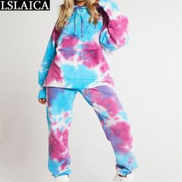 Two Peice Set for Women Fashion Autumn Tie Dye Long Sleeve Hooded Tops Full Length Pants Sets Casual Loose Outfits Streetwear 210515