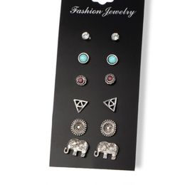Stud 6 Pairs/Pack Brincos Mixed Elephant Flower Bohemian Earrings Set For Women Crystal Ear Studs Fashion Jewellery Gifts