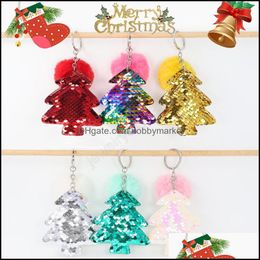 Key Rings Jewellery Colorf Sequins Christmas Tree Keychain Merry Plush Pompom Chain Women Bag Hanging Pendant Keyrings Aessories Drop Delivery
