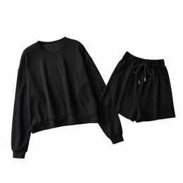 Summer Tracksuits Womens Two Peices Set Leisure Outfits Cotton Oversized Long Sleeve Sweatshirt High Waist Shorts 210607