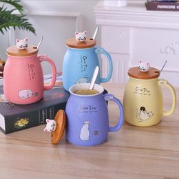 Coffee Mugs Cat Ceramic Cups with Spoon Lid Cartoon Girls Milk Mug Heat Resistant Student Drinkware Wholesale DHW2840