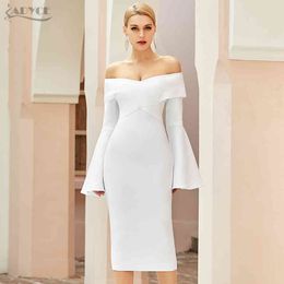 Winter Off Shoulder Long Flare Sleeve Club Bandage Dress Sexy Women White Bodycon Celebrity Runway Party Dresses 210423