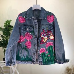 Women's Jackets 2022 Autumn Denim Jacket Women Coat Heavy Industry Beaded Flower Sequin Butterfly Jeans Vintage Streetwear Outerwear