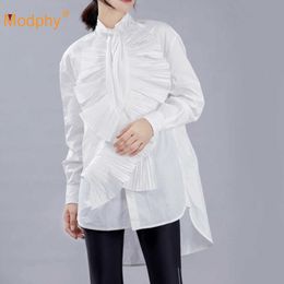 Autumn Sexy Women'S Casual Draped Ruffle Stitching Shirt Fashion O-Neck Long-Sleeved Celebrity Party Solid Colour 210527