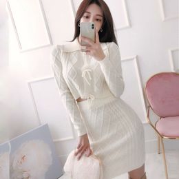 Autumn Korean 2 Piece Set Women Solid Long Sleeve Turn Down Collar Cardigan Sweater + Elastic Waist Knitted Mini Skirt Suit 210514