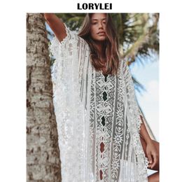 Sexy See Through Bathing Suit Cover-ups White Lace Loose Summer Beach Dress Plus Size Women Beachwear Swimsuit Cover N958 Sarongs