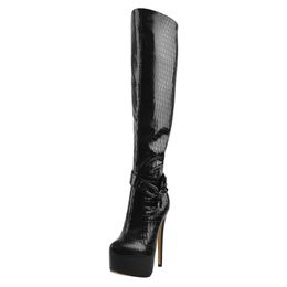 Winter Thigh High Heel Over The Knee Boots Lady Black PU Patent Leather Crocodile Print Metal Chain Decoration Zipper
