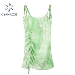 Green Tie Dye Mini Dress Women Clubwear Bar Sexy Spaghetti Strap Crop Dresses Female Drawstring Lace-up Slim Vestidos 210515