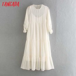 Tangada women dot embroidery ruffles mesh maxi dress short sleeve back button females 2 piece long dresses vestidos CE79 210609