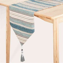 Blue Stripes Modern Wave Geometric Table Runners Cloth Cotton with Tassels Dining Decoration for Wedding Dinner Party 210709