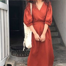Summer Loose Casual High Waist Red Sexy V Neck Fashion Womens Linen Girl Female Simple Korea Dress Dresses E113 210603