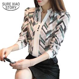slim Chiffon women blouse Shirt V-Neck long sleeve Tops striped printed OL 's clothing blusas D211 30 210521