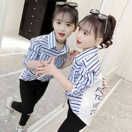 Striped Shirts for Girls Autumn School Blouse Cotton Blue Red Stripe Clothes Fot Toddler Baby 9 To 10 Years Tops Fall 210622