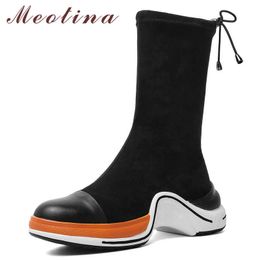 Meotina Fall Ankle Boots Women Natural Genuine Leather Flat Platform Short Boots Slim Stretch Round Toe Shoes Lady Winter 34-43 210608