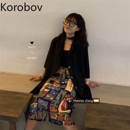 Korobov High Waist Women Skirts New Arrival A-Line Faldas Mujer Harajuku Cartoon Print Ulzzang Female Skirt 210430