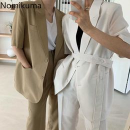 Korean Sets Short Sleeve Sash Lace Up Blazer Straight High Waist Suit Pants Casual Fashion 2 Piece Outfit 3b310 210930