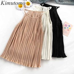 Kimutomo Solid Elegant Simple Camis Hong Kong Style Female Folded Summer Loose Chiffon Tops Inside Clothing Fashion 210521