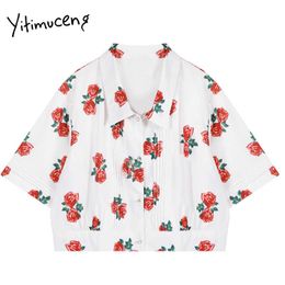 Yitimuceng Vintage Print Blouse Women Button Shirts Loose Spring Fashion Clothes Lantern Sleeve V-Neck Casual Tops 210601