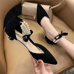 Rimocy Luxury String Bead Thin Heel Women Elegant Pointed Toe Bow Party Dress Shoes Woman Fashion Ankle Strap Pumps Ladies 211123
