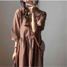 S XL Plus Size Spring Dress Girls Boho cotton Female Vintage plaid Print Long Sleeve Women es Robe Vestido 210423