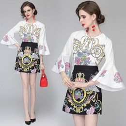 Flare Sleeve Trendy Girl Set Shirt + Skirt Printed Summer Autumn Two Piece Set High-end Fashion Lady Tops Skirt Suits Hot New