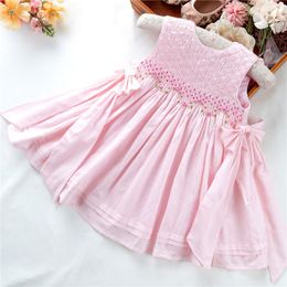 Girl's Dresses Summer Pink White Smocked Baby Sleeveless Hand Made Girls Frock Party Wedding Vintage Boutiques