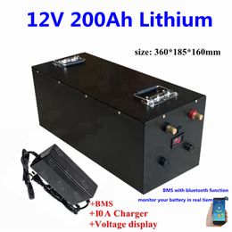 GTK Waterproof 12V 200Ah lithium ion battery 12V BMS 100A for solar system electric boat RV solar panel+10A Charger