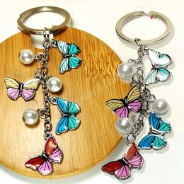 Vintage Colourful Butterfly Keychain Artificial Pearl Long Tassels Key Chain Handbag Hanging Ornaments Keyrings Accessories